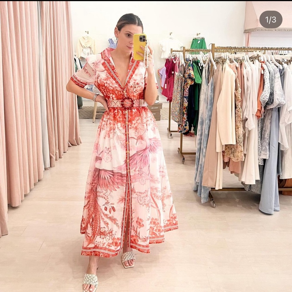 Bird printed button up dress